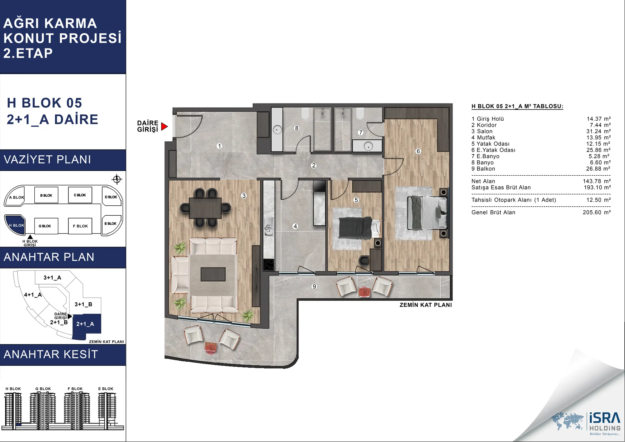 V Premium Ağrı H Blok 2+1 Daire kat planı — A tipi